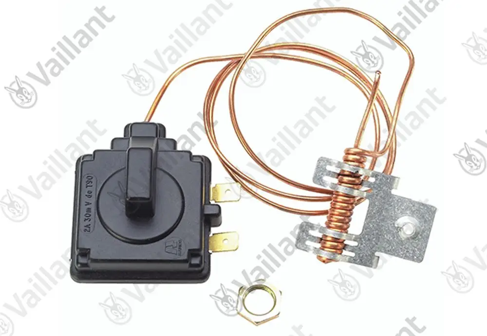 Vaillant Temperaturbegrenzer mit schwarzen Kunststoffgehäuse, montierten Kupferleitungen und einer Metallhalterung. Geeignet für Heizungsanwendungen.